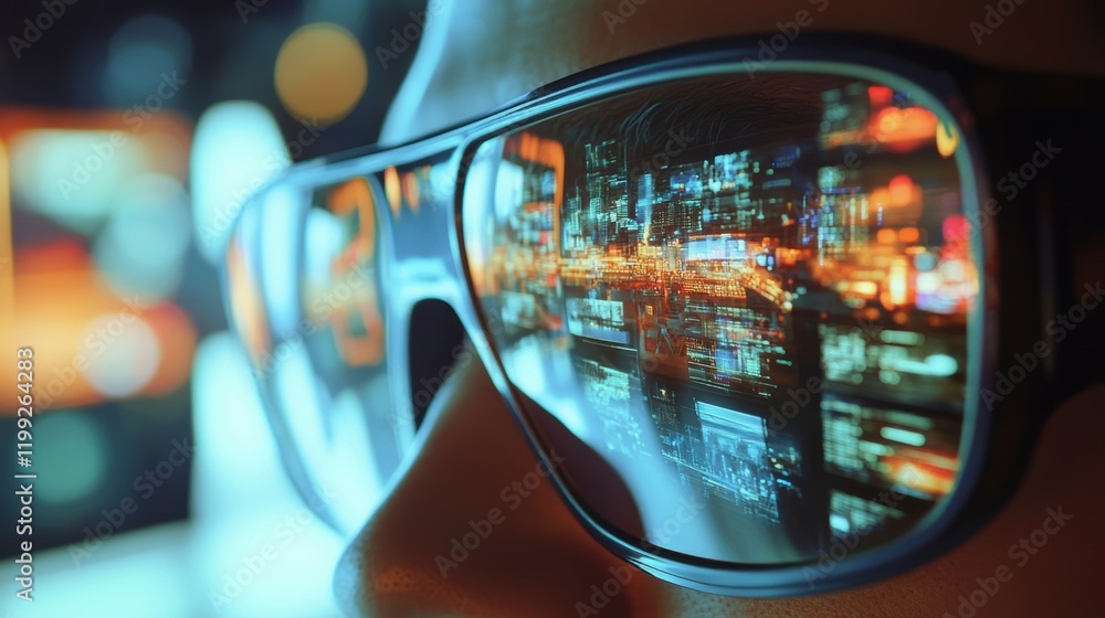 Poster the reflection of multiple screens is visible on an engineers glasses as they monitor remote video f