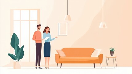 Couple Discussing Interior Design Ideas in a Modern Living Room with Minimalist Decor and Natural Light
