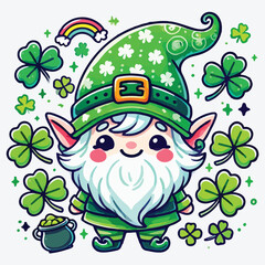 St patrick gnome vector. Cute irish gnomes with clover leaf cartoon style. Greeting St patrick's day card. stock illustration
