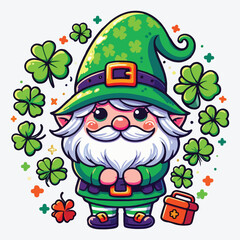 St patrick gnome vector. Cute irish gnomes with clover leaf cartoon style. Greeting St patrick's day card. stock illustration