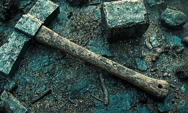 A heavy metal hammer rests on a rugged surface, alongside a block of metal, suggesting industrial use.