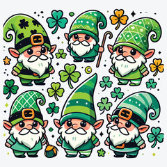 St patrick gnome vector. Cute irish gnomes with clover leaf cartoon style. Greeting St patrick's day card. stock illustration