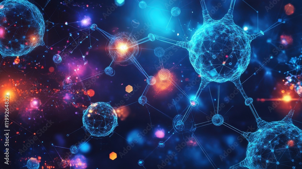 Poster abstract representation of molecular structures and particles in a vibrant, cosmic background