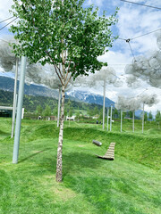 Scenic view of Swarovski Museum garden featuring a birch tree and modern art installation.