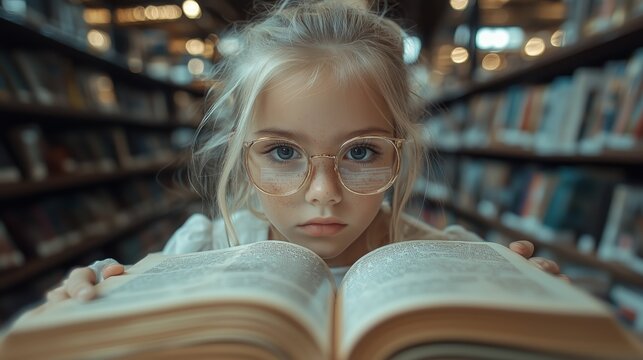 Curious young reader in glasses exploring a library filled with knowledge