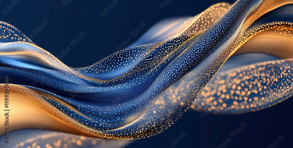 Poster abstract luxury flow: swirling waves of luxurious blue and gold fabrics, adorned with sparkling part