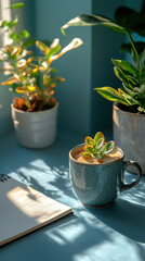 Sunlight illuminating small indoor plants in cozy workspace with notebook and coffee cup. Generative AI