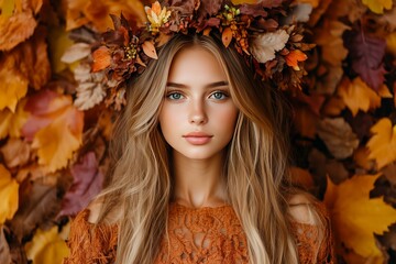 A young woman gazes into the camera, her long blonde hair cascading around her like autumn leaves, adorned with a crown of vibrant fall foliage.