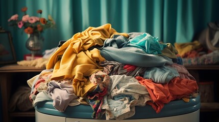 A pile of freshly washed clothes being carefully transferred from the washing machine into a household dryer for the drying cycle