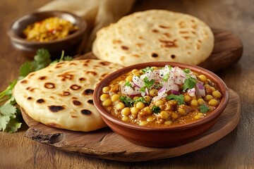 Traditional Indian Matar Kulcha Street-Style Meal with Vibrant Garnishes and Rustic Wooden Table Setting