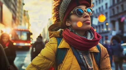 A young woman in a yellow jacket and red scarf walks down a busy city street at sunset.