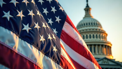 American Flag Waving with the capitol in the Background
