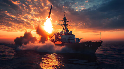 Modern warship launches missile into the horizon during sunset over the ocean in a display of military power