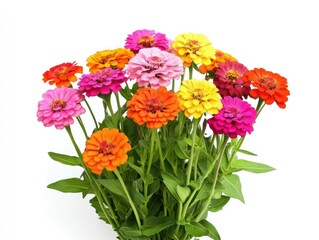 Vibrant Zinnia Flowers in Full Bloom Displaying a Spectrum of Colors against White Background