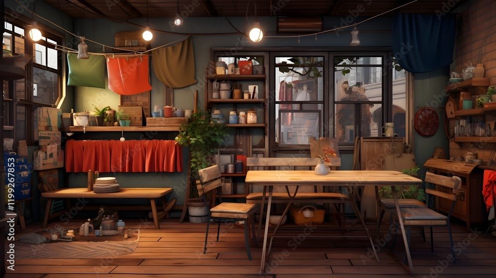 Poster cozy corner in a well equipped laundry shop featuring folding tables and seating areas for a comfort