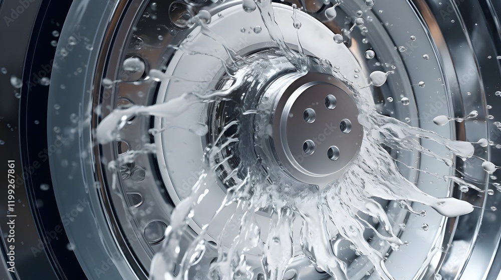 Aufkleber close up view of the rotating drum inside a washing machine with water splashing and flowing through
