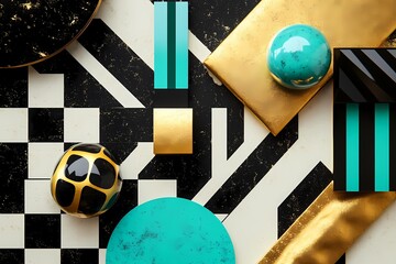 Abstract Geometric Shapes Gold Black and Teal Design