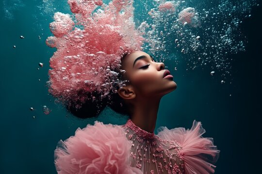 underwater portrait featuring a woman in a vibrant pink gown, her head adorned with ethereal bubbles that dance around her.