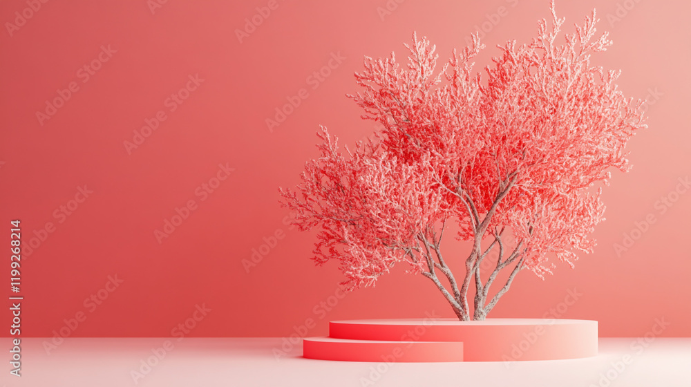Poster abstract tree display on pink backdrop with layered platform in a creative setting
