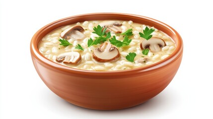 A bowl of creamy risotto with mushrooms, garnished with parsley, isolated on a seamless white background,