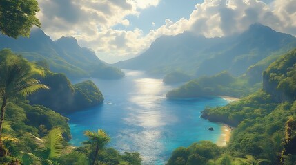 Obraz premium Serene Tropical Fjord Mountainscape Lush Greenery