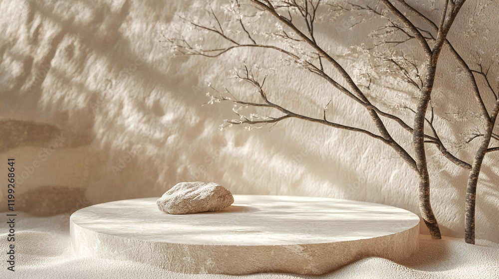 Poster natural elements create serene harmony in a minimalist setting with stone and branches