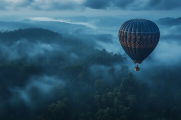 Hot Air Balloon Soaring Above Mist-Shrouded Mountains.