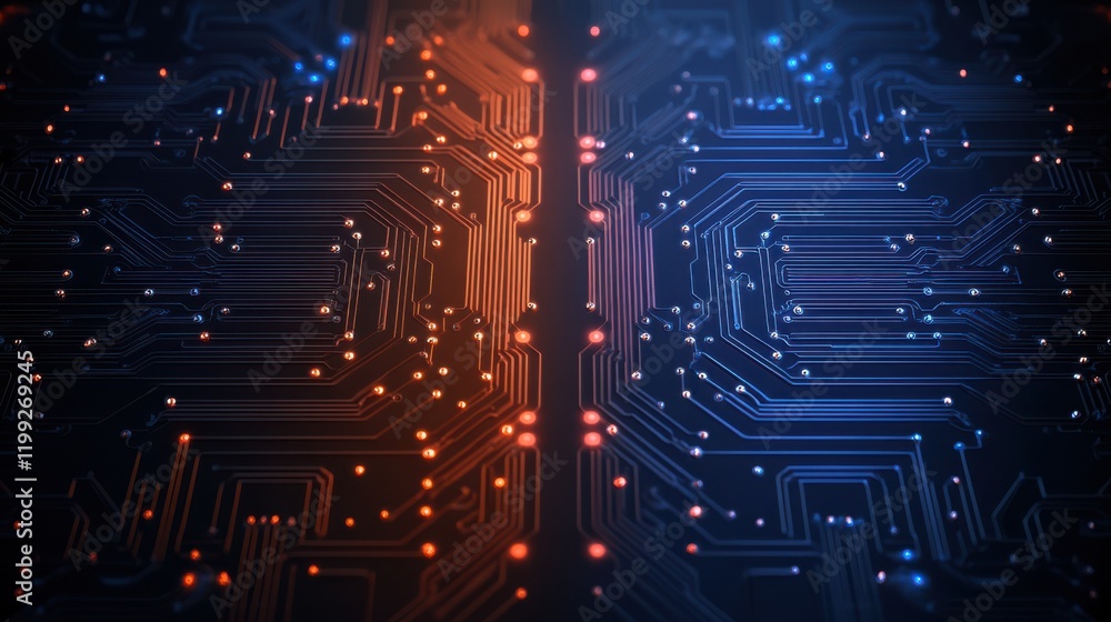 Poster a digital circuit board illuminated with blue and orange lights, showcasing intricate pathways and c