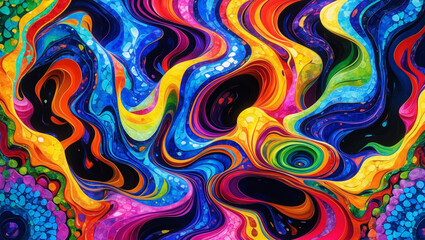 Colorful abstract painting with swirling patterns and a mix of various bright colors including blue, yellow, orange, red, green, purple, and pink