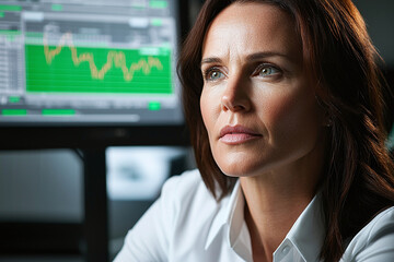 corporate leader analyzing financial data on screen, showcasing determination and focus. background features financial chart with green indicators
