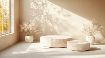 Modern minimalist interior featuring round stone tables and decorative plants in sunlight
