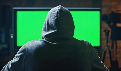 A person in a hoodie sits before a green screen, suggesting a tech or gaming environment.