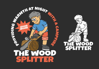 Wood splitter character is splitting wood using a chainsaw. Flat art illustration in 2 color type