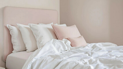 Blush Pink Accented Bed with White Sheets and Pillows
