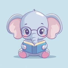 Fototapeta premium Cute elephant reading a book on blue background for children's illustration