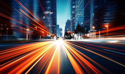 Obraz premium High speed urban traffic on a city street during evening rush hour. Car headlights and busy night transport captured by motion blur lighting effect. Abstract long exposure photography.