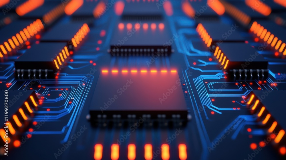 Poster a close-up view of a circuit board featuring microchips and glowing orange lights, highlighting the 