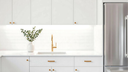 Modern White Kitchen Interior with Stainless Steel Refrigerator and Gold Faucet
