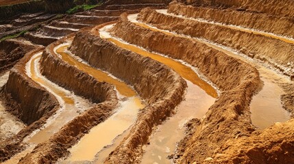 Terraced muddy fields with water channels for agriculture in rural landscape area