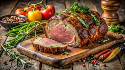 A juicy, golden-brown prime rib roast resting on a wooden cutting board, surrounded by fresh herbs and vegetables
