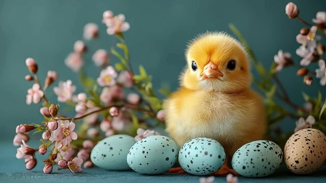 Fluffy chick exploration among speckled eggs and blossoms