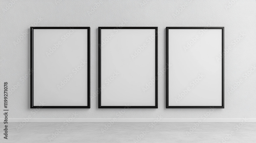 Poster minimalist wall display featuring three empty black frames in a modern interior setting