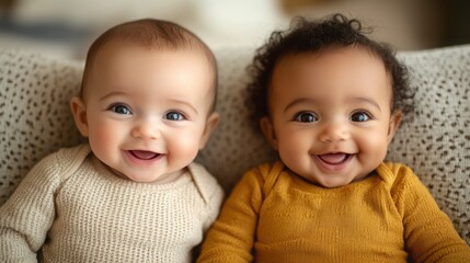 Adorable Smiling Babies Sitting Together in Cozy Knit Outfit, Radiating Joy and Happiness in Bright and Cheerful Setting, Perfect for Family and Child Photography