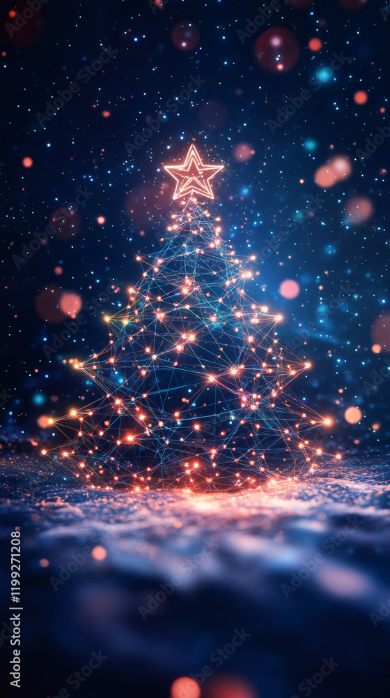 Poster christmas tree made of lights and connected by lines is standing on snow with blurred lights and sno