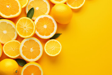 Citrus Fruits Background flat lay on yellow Background