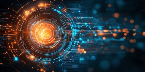 Obraz premium Digital Core: Abstract technological background featuring a glowing circular core with vibrant orange and blue energy streams, symbolizing innovation and technological advancement.