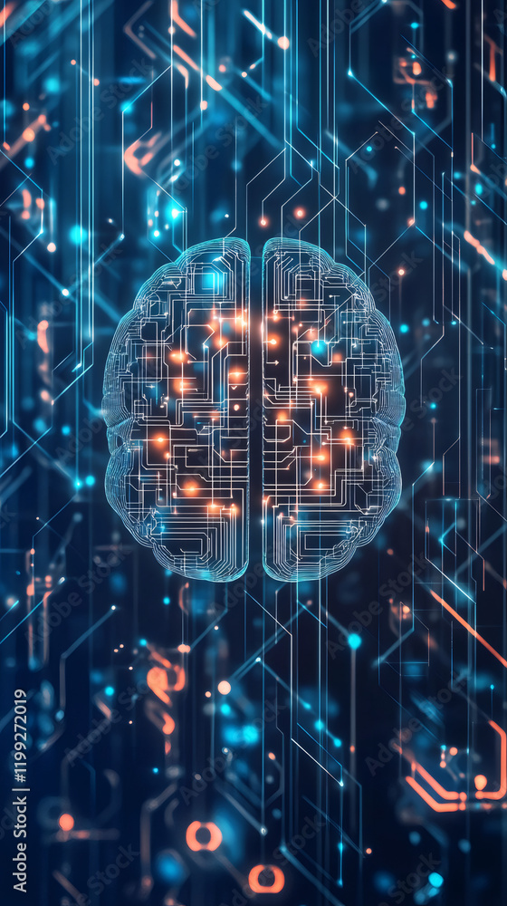 Aufkleber Human brain scheme with electronic circuits and glowing lines representing artificial intelligence and deep learning
