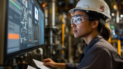 A detailed view of a computer screen displaying an online safety training module with a factory worker sitting in front of it engaged and taking notes.