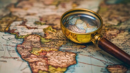 Vintage map of Africa with a magnifying glass highlighting geographical features and routes