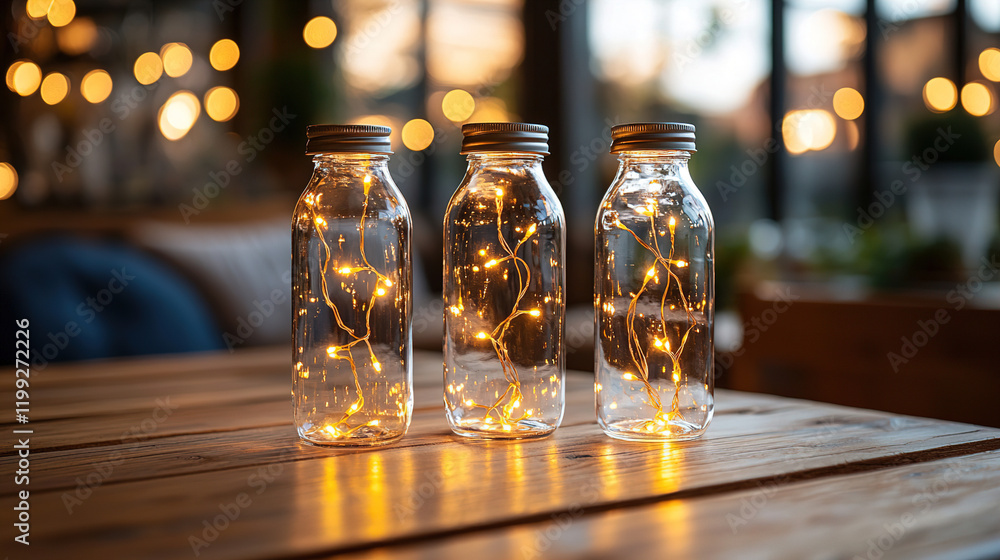 Poster bottles with fairy lights create a warm and cozy atmosphere in a modern indoor setting during the ev